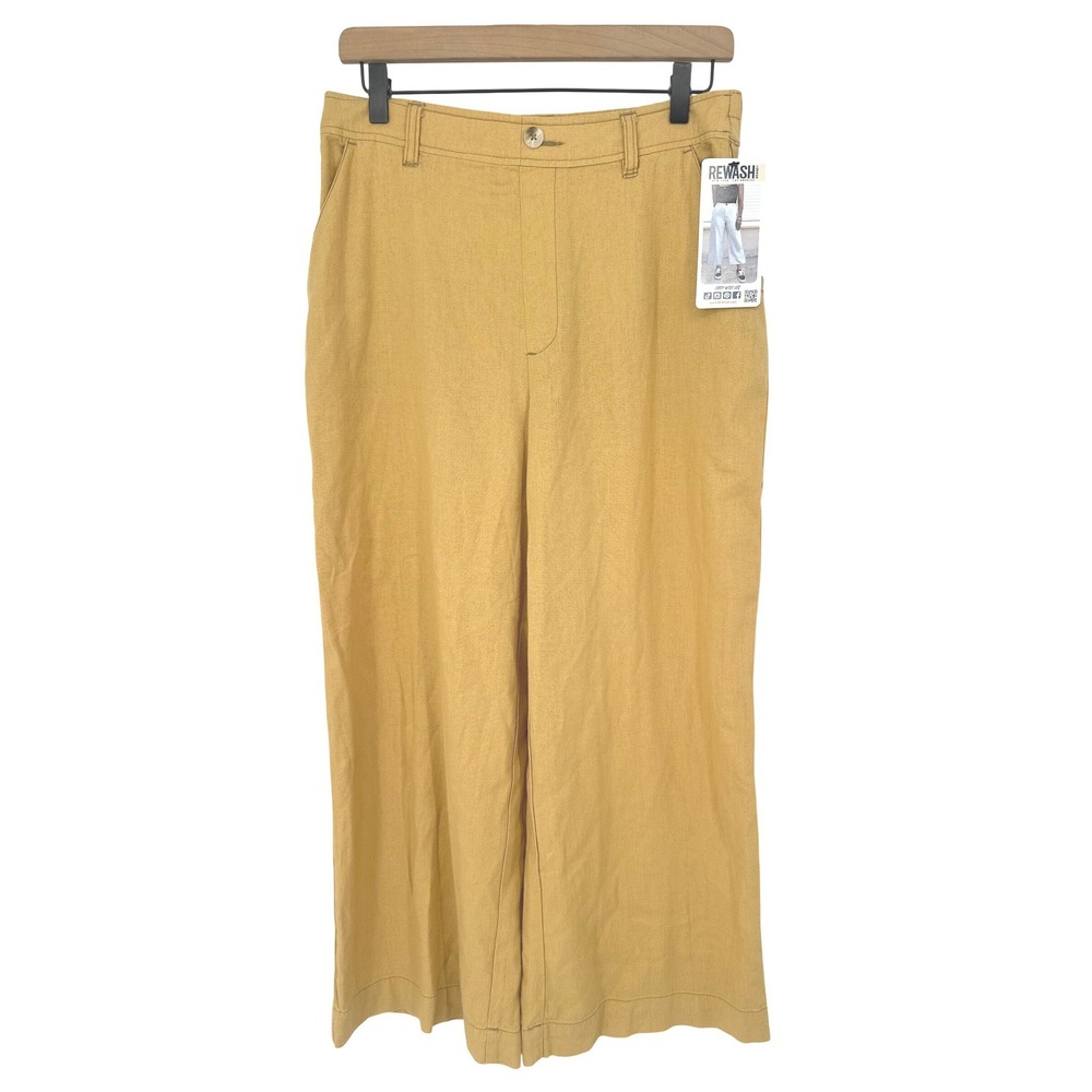 REWASH Crop Wide‎ Leg Pants Womens Large Mustard Yellow Linen Blend Boho Casual